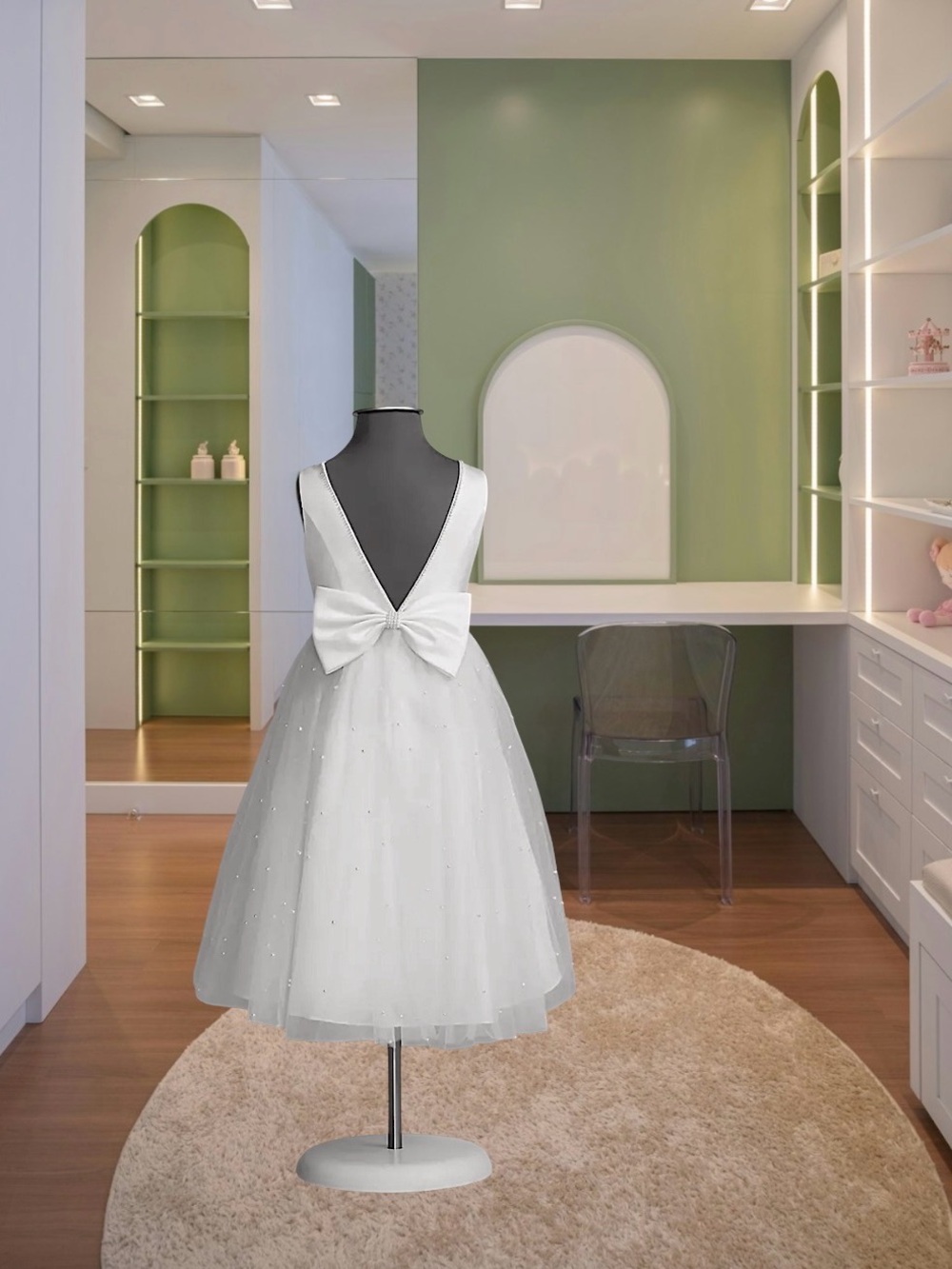 David’s Bridal Girl’s White V-Back Tulle & Pearl Flower Girl Dress - Size 10